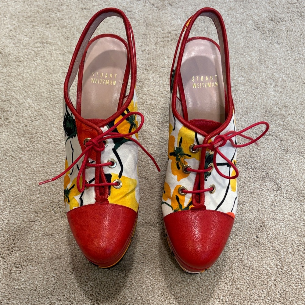 Stuart Weitzman Itsaie Red & Yellow Floral Platform Shoes 6.5